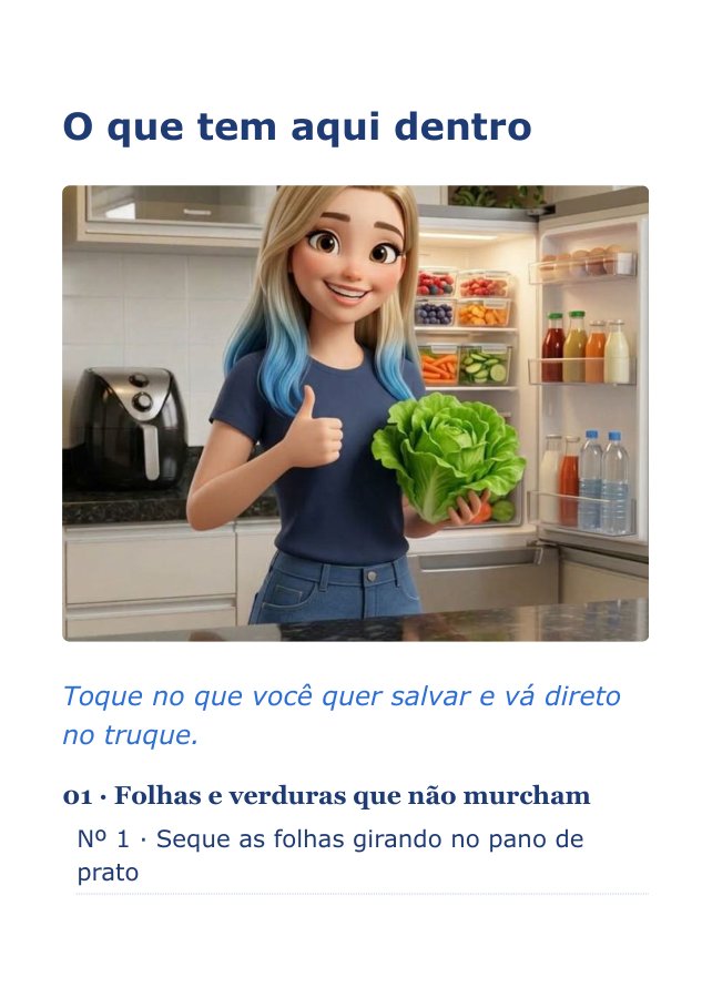 Página do índice do guia, com os truques separados por tipo de alimento