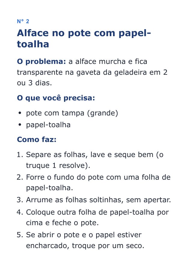 Página de um truque do guia, com o passo a passo e quanto tempo a comida dura