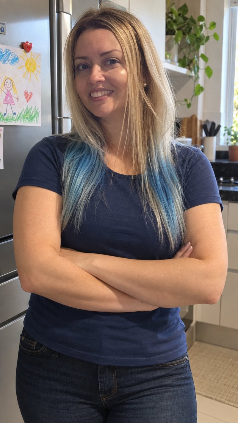 A dona da Facilita em Casa na cozinha, de braços cruzados, sorrindo